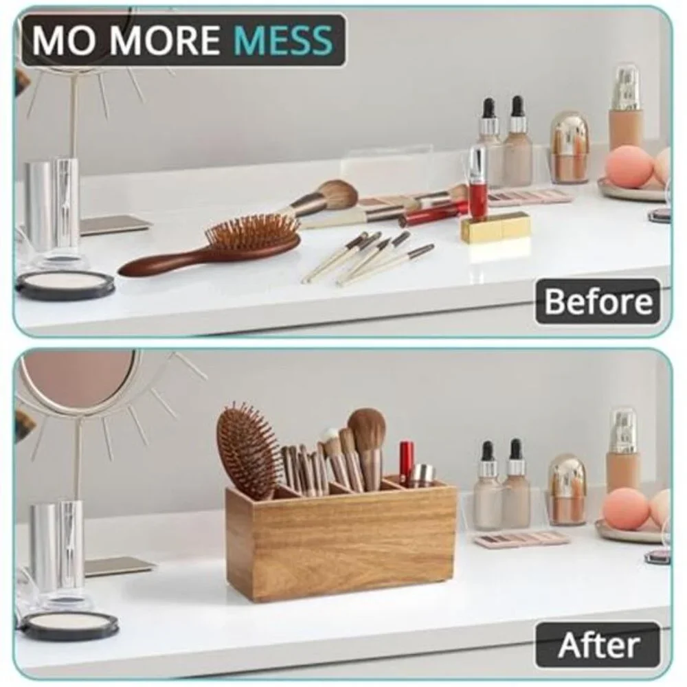 Makeup Organizer Acacia Wood Office Desk Organizer Pen Holder Utensil Holder
